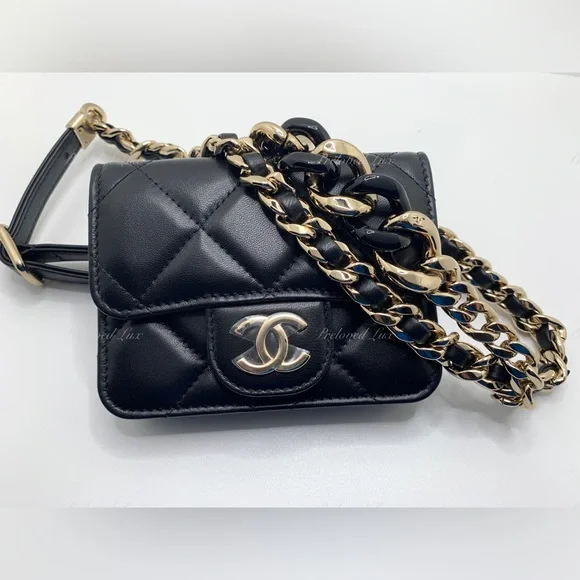 Authentic CHANEL Black Lambskin Mini Clutch Belt Waist Bag Gold Hardware - Picture 6 of 15